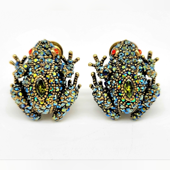 Heidi Daus Frog Necklace + Earrings w/ Black Aurora Borealis Swarovski Crystals - Picture 7 of 12